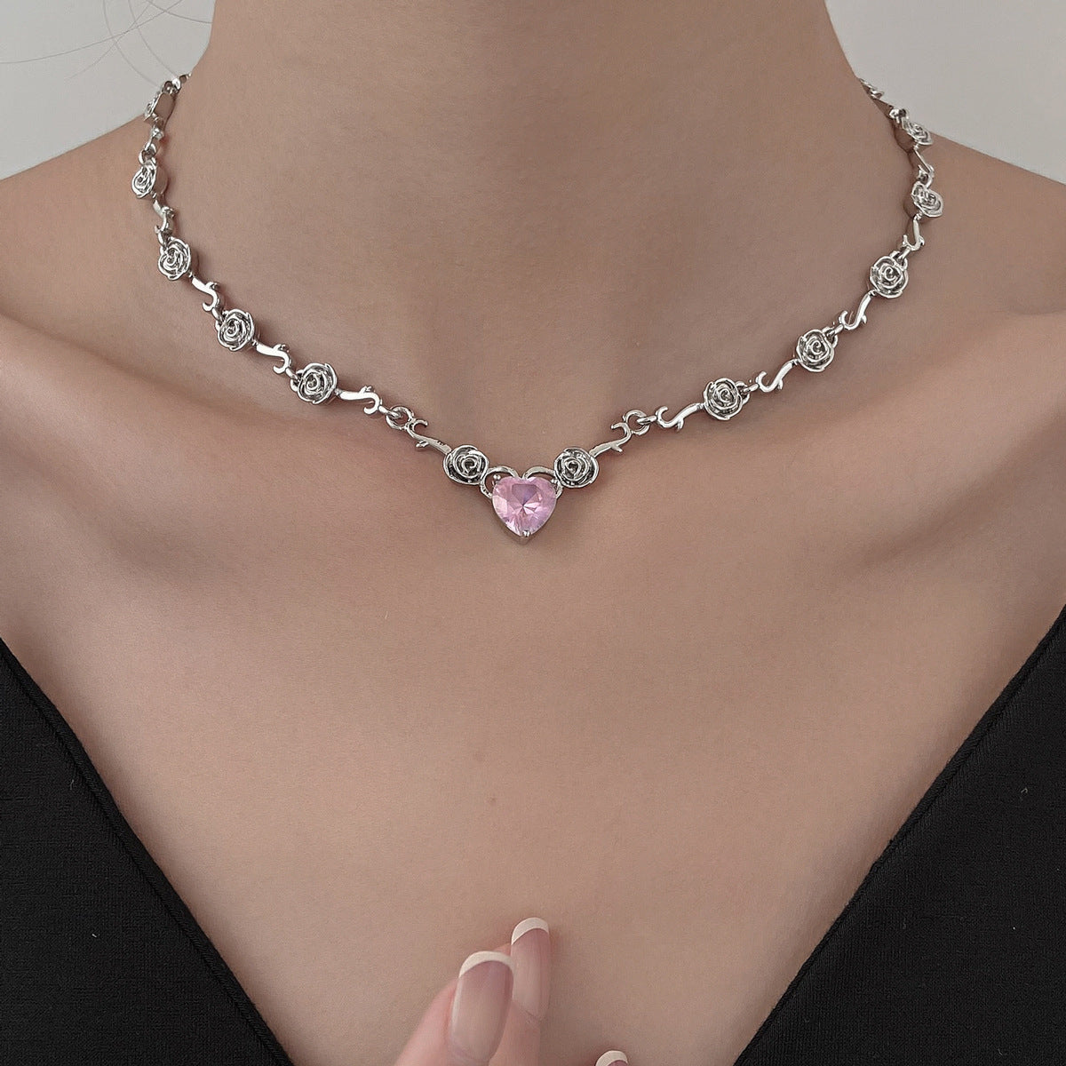 Rhinestone Love Rose Chain Necklace