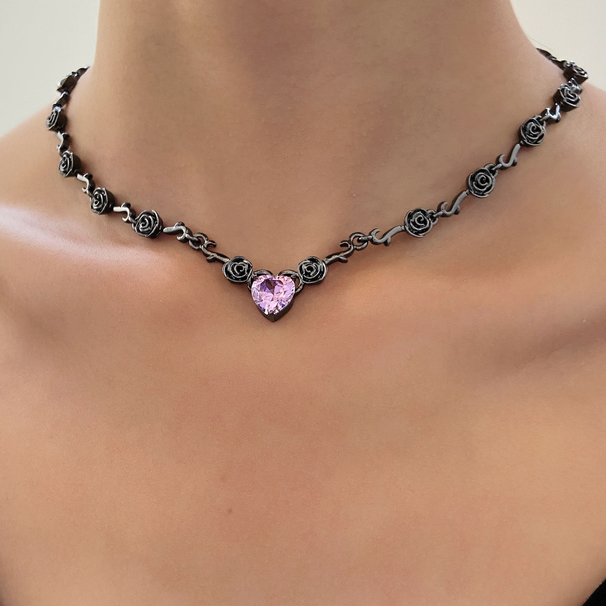 Rhinestone Love Rose Chain Necklace